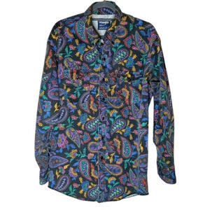 Wrangler Cowboy Cut Western Shirt Mens XL Paisley X‎ Long Tails Neck 17.5" Vtg.